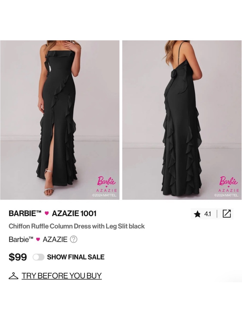 Azazie Black Chiffon Ruffle Maxi Dress with Leg Slit